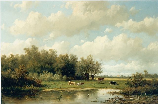 Anthonie Jacobus van Wijngaerdt | Koeien in een Hollands landschap, olieverf op paneel, 23,0 x 35,5 cm, gesigneerd r.o.