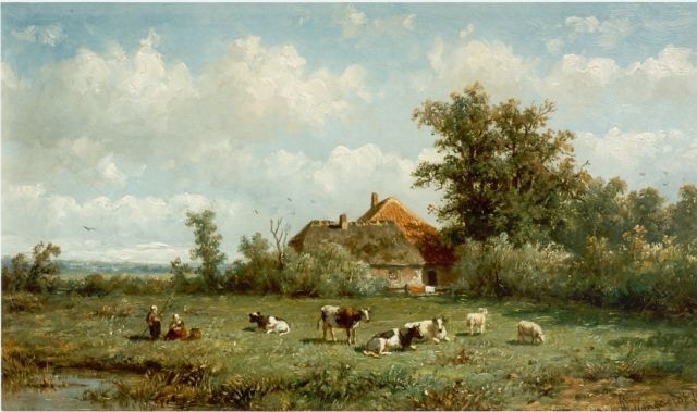 Wijngaerdt A.J. van | Gezicht op boerderij met grazend vee, olieverf op paneel 19,8 x 34,0 cm, gesigneerd r.o.