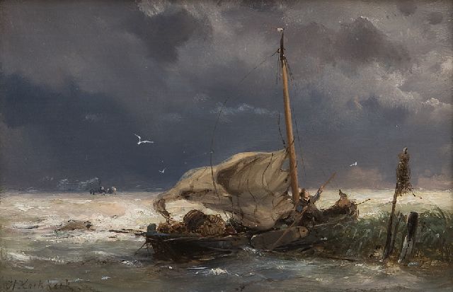 Hermanus Koekkoek | Vissersboot en stoomschip in zwaar weer, olieverf op paneel, 10,7 x 16,0 cm, gesigneerd l.o. en VERKOCHT