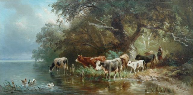Albert Jurardus van Prooijen | Drinkende koeien aan de rivieroever, olieverf op paneel, 16,1 x 33,0 cm, gesigneerd r.o.