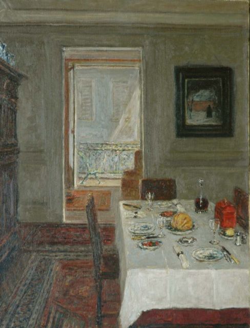 Carel Nicolaas Storm van 's-Gravesande | Feesttafel ten huize van de schilder te Brussel, olieverf op doek, 65,2 x 50,2 cm, gesigneerd verso