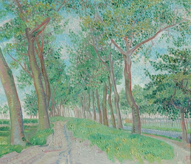 Nieweg J.  | Landweg met bomen, olieverf op doek 60,0 x 70,5 cm, gesigneerd r.o. met monogram en gedateerd 1915