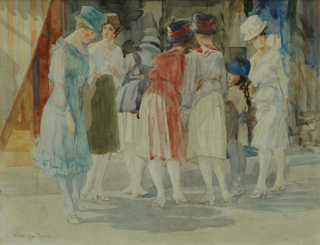 Vaarzon Morel W.F.A.I.  | Elegante dames voor een etalage, potlood en aquarel op papier 37,9 x 48,6 cm, gesigneerd l.o.
