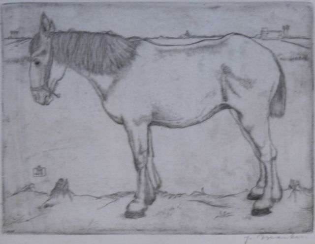 Mankes J.  | Staand paard, ets op papier 11,8 x 15,8 cm, gesigneerd r.o. (in potlood) en l.m. met monogram (in ets) en te dateren 1917