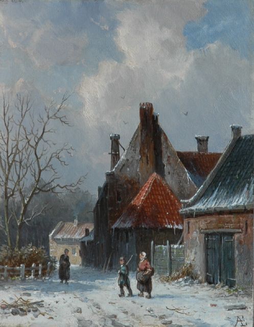 Eversen A.  | Winters dorpsgezicht, olieverf op paneel 18,9 x 14,8 cm, gesigneerd r.o. met monogram
