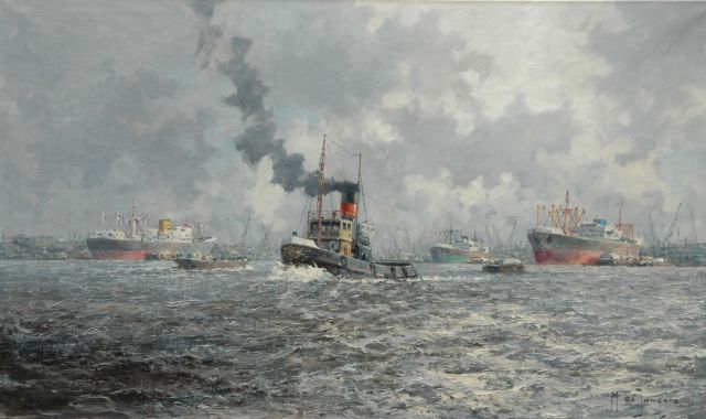 M.J. Drulman (M. de Jongere) | Sleepboot in de Waalhaven, Rotterdam, olieverf op doek, 60,3 x 100,8 cm, gesigneerd r.o. met pseudoniem 'M. de Jongere'