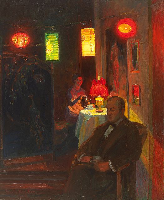 Kleiber E.  | Avondlijk theeuurtje bij lampionlicht, olieverf op doek 68,0 x 55,0 cm, gesigneerd l.o. en gedateerd 1912