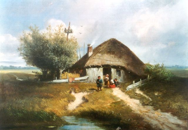 Smits J.G.  | Landschap met kinderen bij een boerenhut, olieverf op paneel 22,0 x 28,3 cm, gesigneerd r.o. en gedateerd '53