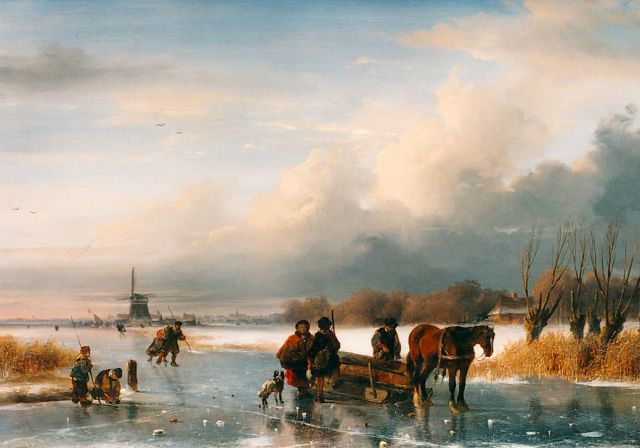 Nicolaas Roosenboom | Winters ijsvermaak met schaatser en koek en zopie, olieverf op paneel, 30,7 x 43,7 cm, gesigneerd l.o.