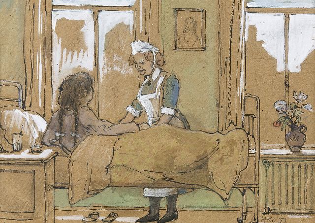Kamerlingh Onnes H.H.  | In het ziekenhuis, potlood, pen en aquarel op papier 20,3 x 28,9 cm, gesigneerd r.o. met monogram en gedateerd '51
