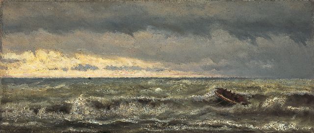 Hendrik Willem Mesdag | Reddingsboot in de branding, olieverf op doek, 44,4 x 103,5 cm, gesigneerd l.o. en gedateerd 1869