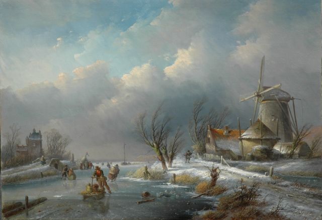Jan Jacob Spohler | Winterlandschap met molen, schaatsers en koek-en-zopie, olieverf op paneel, 36,3 x 51,6 cm, gesigneerd r.o. en gedateerd '59