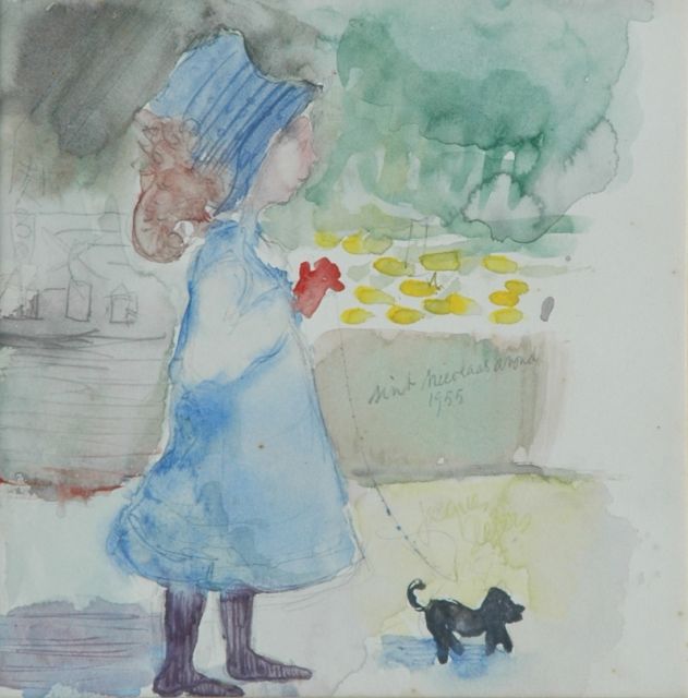 Slegers J.F.W.  | Meisje met hond, aquarel op papier 23,0 x 25,5 cm, gesigneerd r.v.h.m. en gedateerd 1955