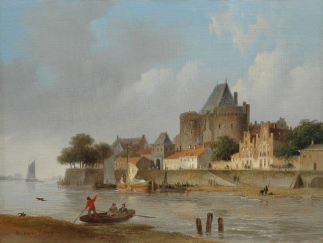 Hove B.J. van | Het IJsselfront van Deventer met de Vispoort, olieverf op paneel 19,4 x 25,6 cm, gesigneerd l.o.