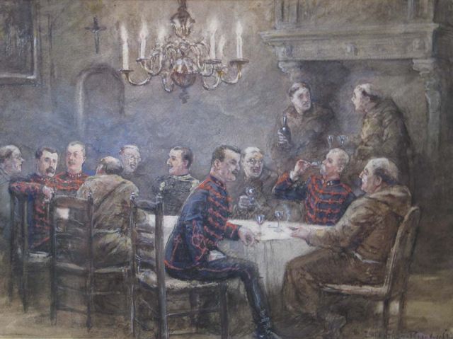 Hoynck van Papendrecht J.  | Officieren van het 1e Regiment Huzaren en een Gele Rijder te gast in een klooster, potlood en aquarel op papier 37,4 x 50,1 cm, gesigneerd r.o.