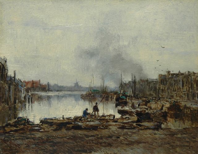 Mastenbroek J.H. van | De Delfshavense Schie, gezien vanaf het Lage Erf, olieverf op doek 27,6 x 35,1 cm, gesigneerd r.o. en gedateerd 1919