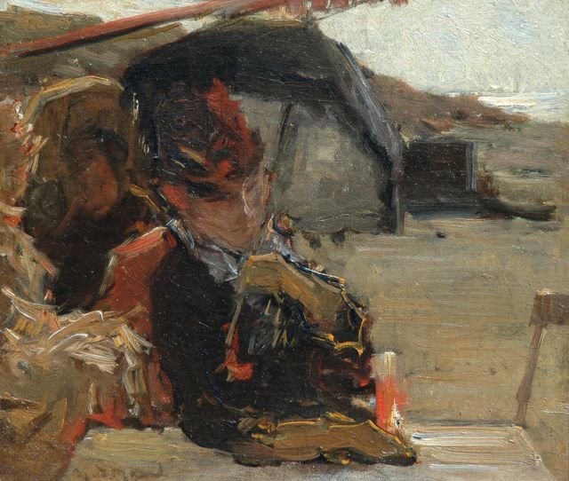 Marinus van der Maarel | Vrouw op het terras van Zeerust, Scheveningen, olieverf op doek op paneel, 23,8 x 27,2 cm, gesigneerd l.o.