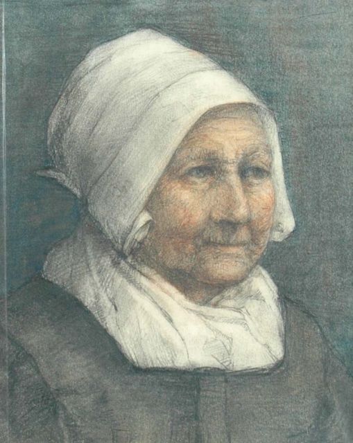 Fritzlin M.C.L.  | Portret van een vrouw met muts, zwart en gekleurd krijt op papier 17,0 x 13,2 cm