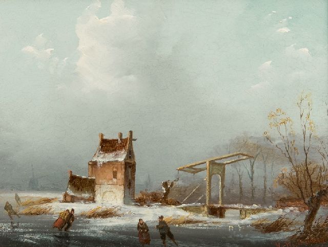 Moerkerken H. van | Schaatsvolk bij een ophaalbrug, olieverf op paneel 14,1 x 16,7 cm, gesigneerd r.o.
