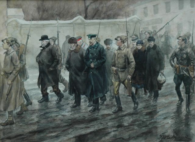 Vladimiroff I.A.  | Het afvoeren van de gevangenen, aquarel en gewassen inkt op papier 25,5 x 34,5 cm, gesigneerd r.o. en gedateerd 1918