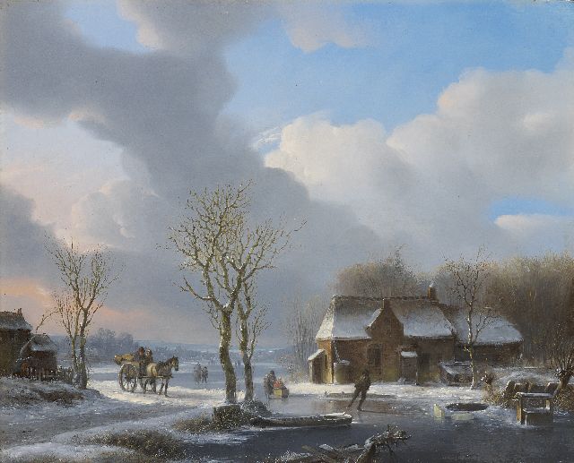 Stok J. van der | Een koude winterdag, olieverf op paneel 35,1 x 43,3 cm