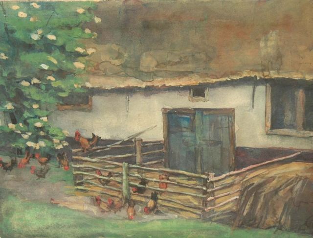 Fritzlin M.C.L.  | Erfje met kippen, aquarel op papier 14,2 x 19,1 cm