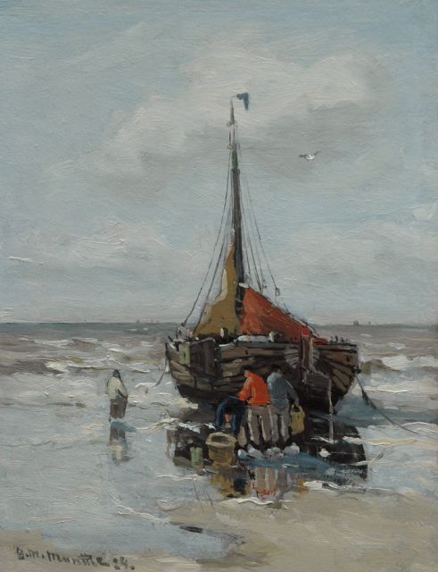 Morgenstjerne Munthe | Het uitladen van de vangst, olieverf op schildersboard, 25,9 x 19,9 cm, gesigneerd l.o. en gedateerd '24