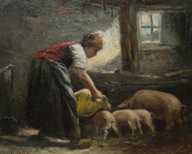 Johannes Marius ten Kate | Voedertijd in de stal, olieverf op paneel, 24,7 x 29,5 cm, gesigneerd l.o.
