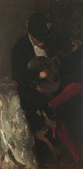 Zwart W.H.P.J. de | Musicerende jongen in Spaans kostuum, olieverf op paneel 42,0 x 21,7 cm, gesigneerd l.b. en te dateren 1889