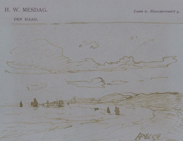 Mesdag H.W.  | Zicht vanaf het duin, pen in bruine inkt op papier 8,7 x 11,2 cm, gesigneerd r.o. met initialen