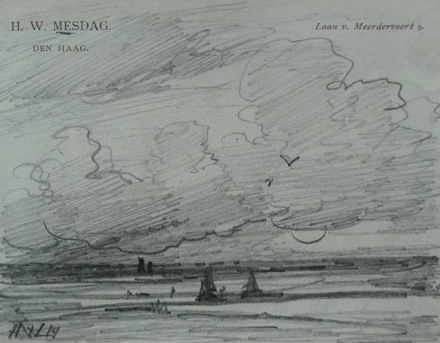 Mesdag H.W.  | Strand bij ondergaande zon, potlood op papier 8,7 x 11,2 cm, gesigneerd l.o. met initialen