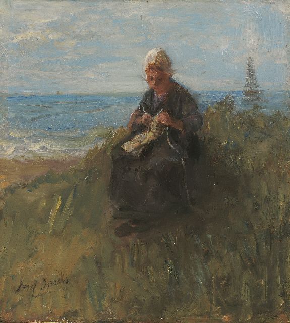 Israëls J.  | Breiend vissersmeisje in de duinen, olieverf op paneel 30,0 x 27,5 cm, gesigneerd l.o. en te dateren ca. 1900