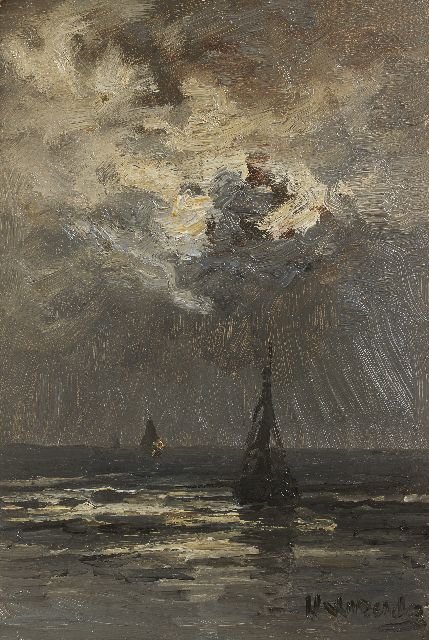 Mesdag H.W.  | Bomschuiten op kalme zee bij maanlicht, olieverf op paneel 35,0 x 23,5 cm, gesigneerd r.o. en te dateren ca. 1895