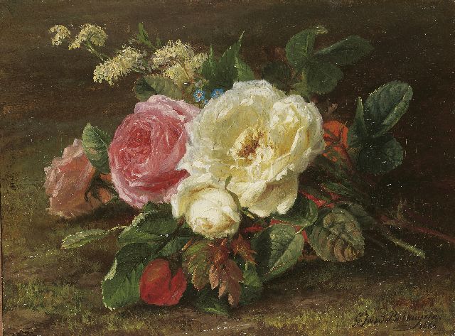 Sande Bakhuyzen G.J. van de | Boeket met rozen op de bosgrond, olieverf op paneel 14,7 x 19,8 cm, gesigneerd r.o. en gedateerd 1866