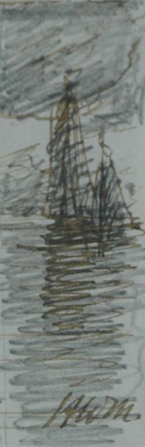 Hendrik Willem Mesdag | Avondstemming (pendant van 10946), potlood, pen in zwarte inkt op papier, 7,7 x 2,5 cm, gesigneerd r.o. met initialen
