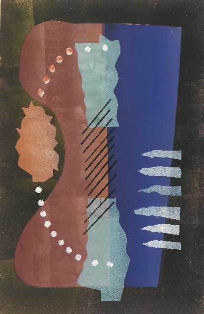 Werkman H.N.  | Compositie, stempel, sjabloon, inktrol en drukinkt op papier 49,9 x 32,2 cm, gedateerd 1944 r.o.