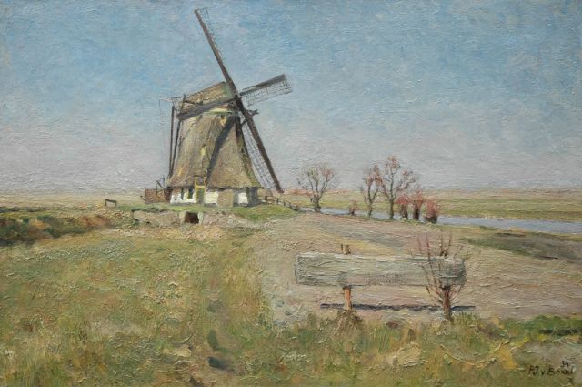Piet van Boxel | Molen in polderlandschap, olieverf op doek, 60,8 x 90,6 cm, gesigneerd r.o. en verso en gedateerd '34