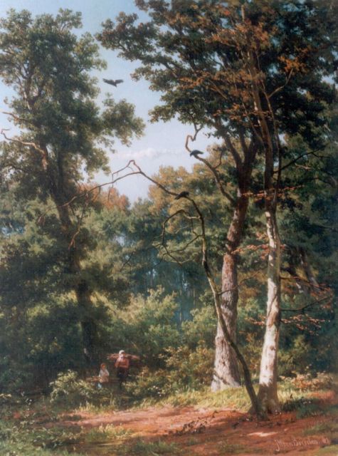 Borselen J.W. van | Sprokkelaars op een open plek in het bos, olieverf op paneel 38,7 x 29,9 cm, gesigneerd r.o. en gedateerd '66