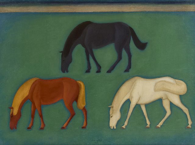 Hell J.G.D. van | Grazende paarden, olieverf op doek 60,5 x 80,5 cm, gesigneerd m.o. en gedateerd 1926