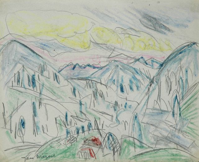Wiegers J.  | Berglandschap Davos; verso: potloodschets van jongetje, potlood en waskrijt op papier 17,5 x 21,7 cm, gesigneerd l.o. met naamstempel