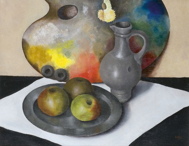 Bor J.  | Stilleven met palet, appels, tinnen schaal en kan, olieverf op doek 39,8 x 50,3 cm, gesigneerd r.o. en gedateerd 1943