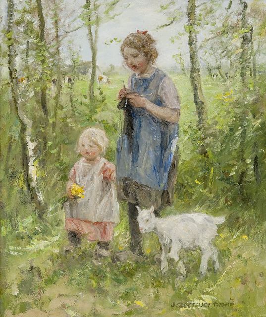 Zoetelief Tromp J.  | Huiswaarts in Blaricum, twee kinderen met een geitje, olieverf op doek 59,7 x 50,0 cm, gesigneerd r.o.