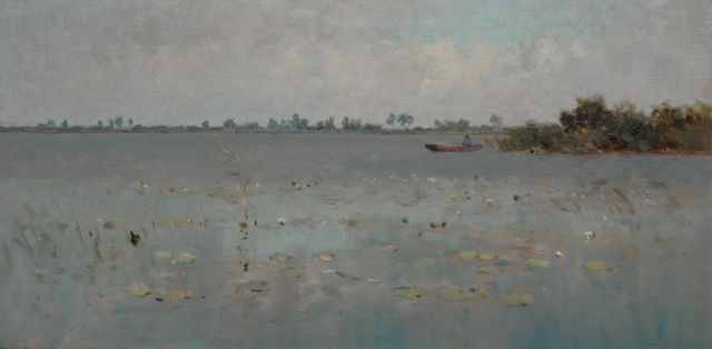 Aris Knikker | Man in een vlet op een meer, olieverf op doek, 40,5 x 80,4 cm, gesigneerd r.o.