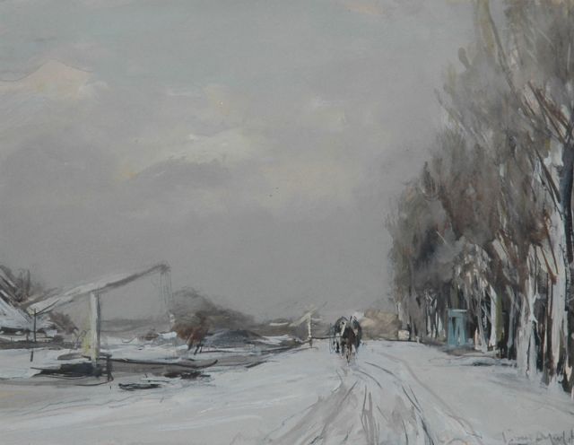 Louis Apol | Pad langs een vaart met paard en wagen in de sneeuw, gouache op papier, 16,8 x 21,5 cm, gesigneerd r.o.