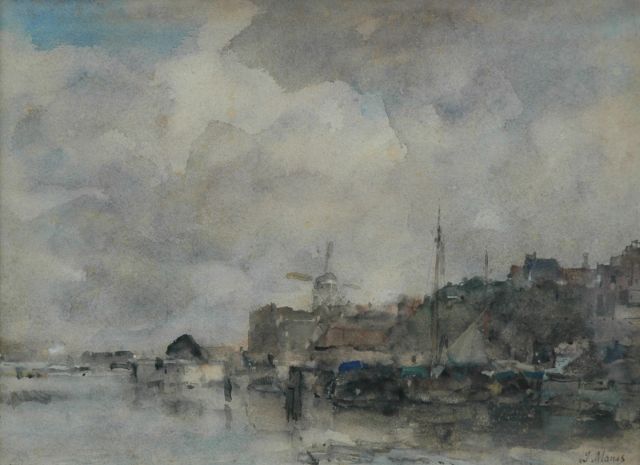 Maris J.H.  | Gezicht op een Hollandse haven, aquarel op papier 28,5 x 38,6 cm, gesigneerd r.o.