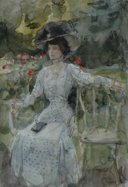 Israels I.L.  | Elegante vrouw met voile in een park, aquarel op papier 51,0 x 36,0 cm, gesigneerd r.o.