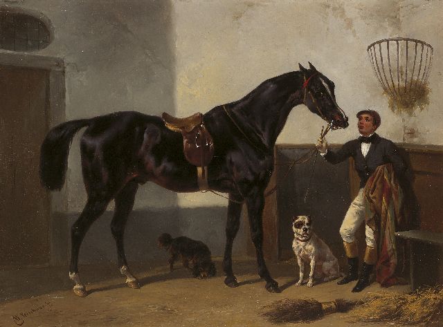 Wouterus Verschuur | Jockey met renpaard in een stal, olieverf op paneel, 27,7 x 37,2 cm, gesigneerd l.o.