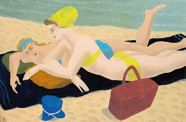 Erfmann F.G.  | Zonnebaden op het strand, olieverf op doek 40,3 x 60,3 cm, gesigneerd l.o. met initialen en gedateerd 1967
