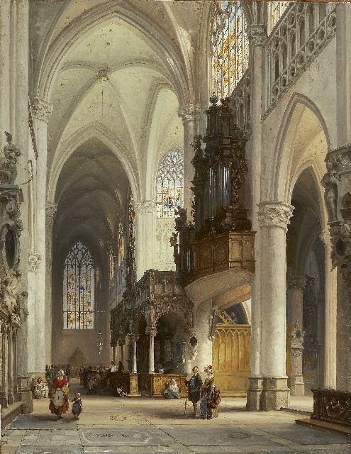 Jules Victor Genisson | Interieur van de St.-Gummaruskerk te Lier, olieverf op paneel, 47,0 x 36,5 cm, gesigneerd l.o. en gedateerd 1850