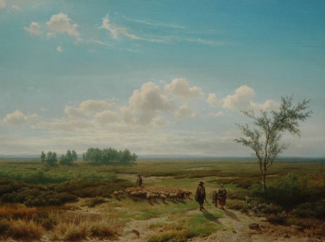 Cornelis Lieste | Weids heidelandschap met landvolk en een kudde schapen, olieverf op paneel, 58,0 x 78,5 cm, gesigneerd l.o.